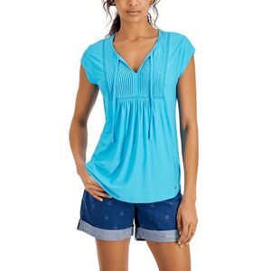 Tommy Hilfiger Women's Solid Pintucked Ladder Trip Top - Oasis S